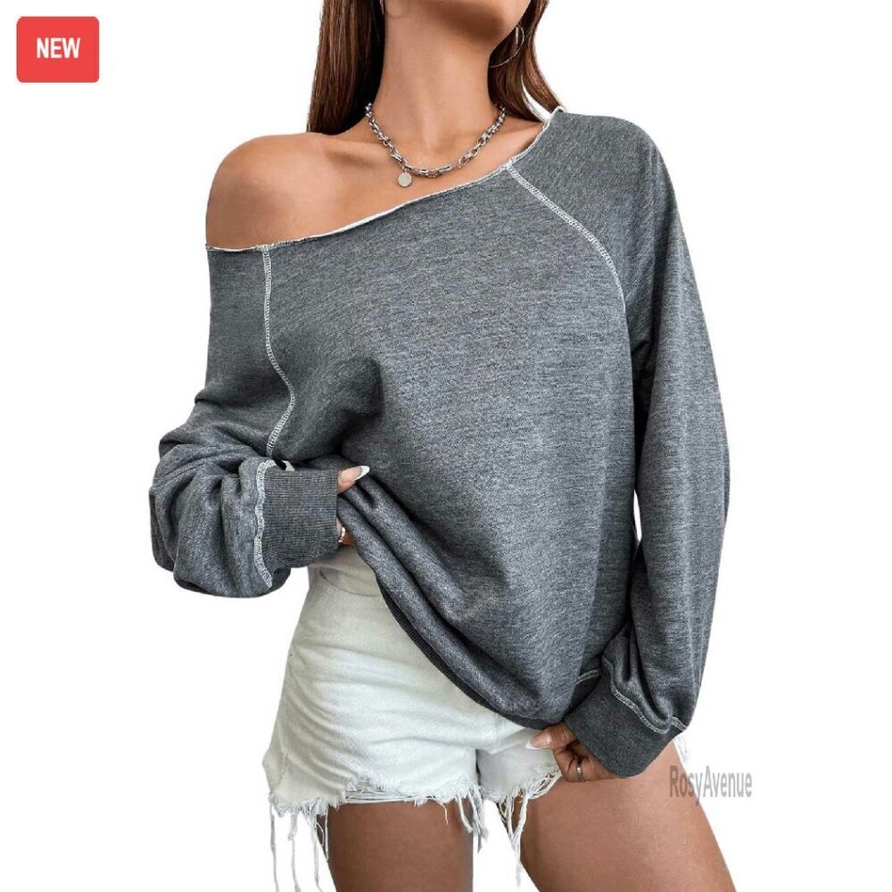 Off Shoulder Long Sleeve Sweatshirt Pullover Trendy Casual Top